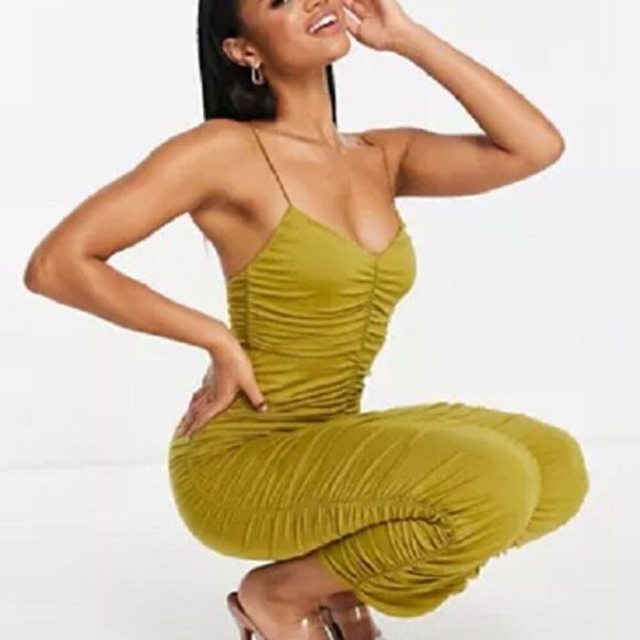 ASOS Design Cami Strappy Midi Dress Ruched Detail Gold Size US 06 - Picture 4 of 8